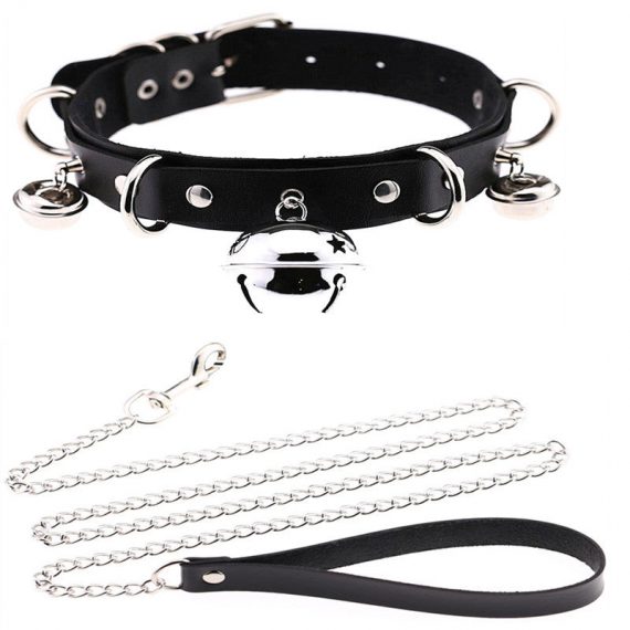 SM Erotic Accessories Big Bell Faux Leather Collar Lovemesex rwb-Black Collar + Silver Chain